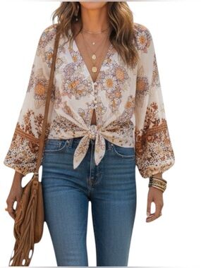 Free People Run Free Tie Front Button Up Blouse Boho Daisy Jones Festival Size M